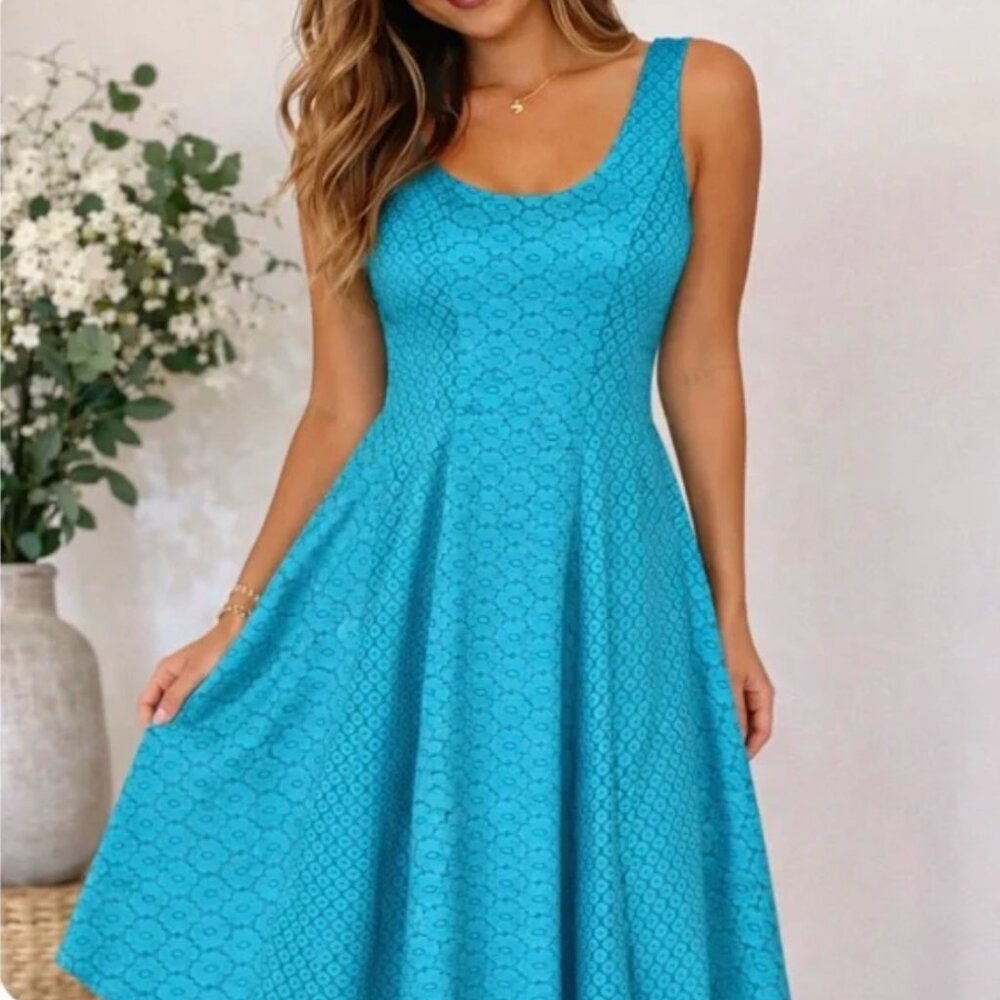 LIKE NEW Danny & Nicole Teal Sleeveless Mixed Lace Midi Fit + Flare Dress
